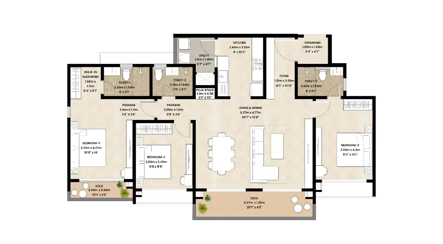 Sample 3 BHK floor plan from Mahindra Lifespaces portfolio (representative — Mahindra Sadahalli floor plans released at RERA registration)