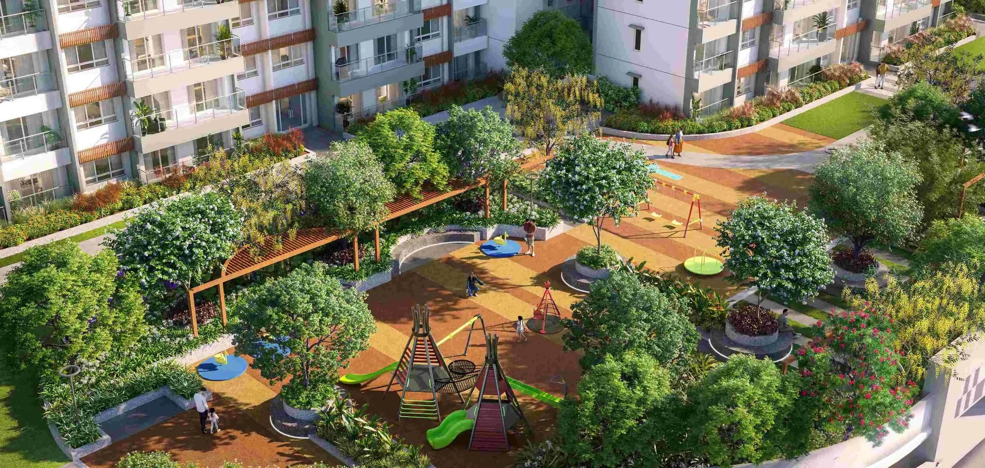 Mahindra Sadahalli master plan aerial view — landscaped courtyards and low-density layout (representative rendering)