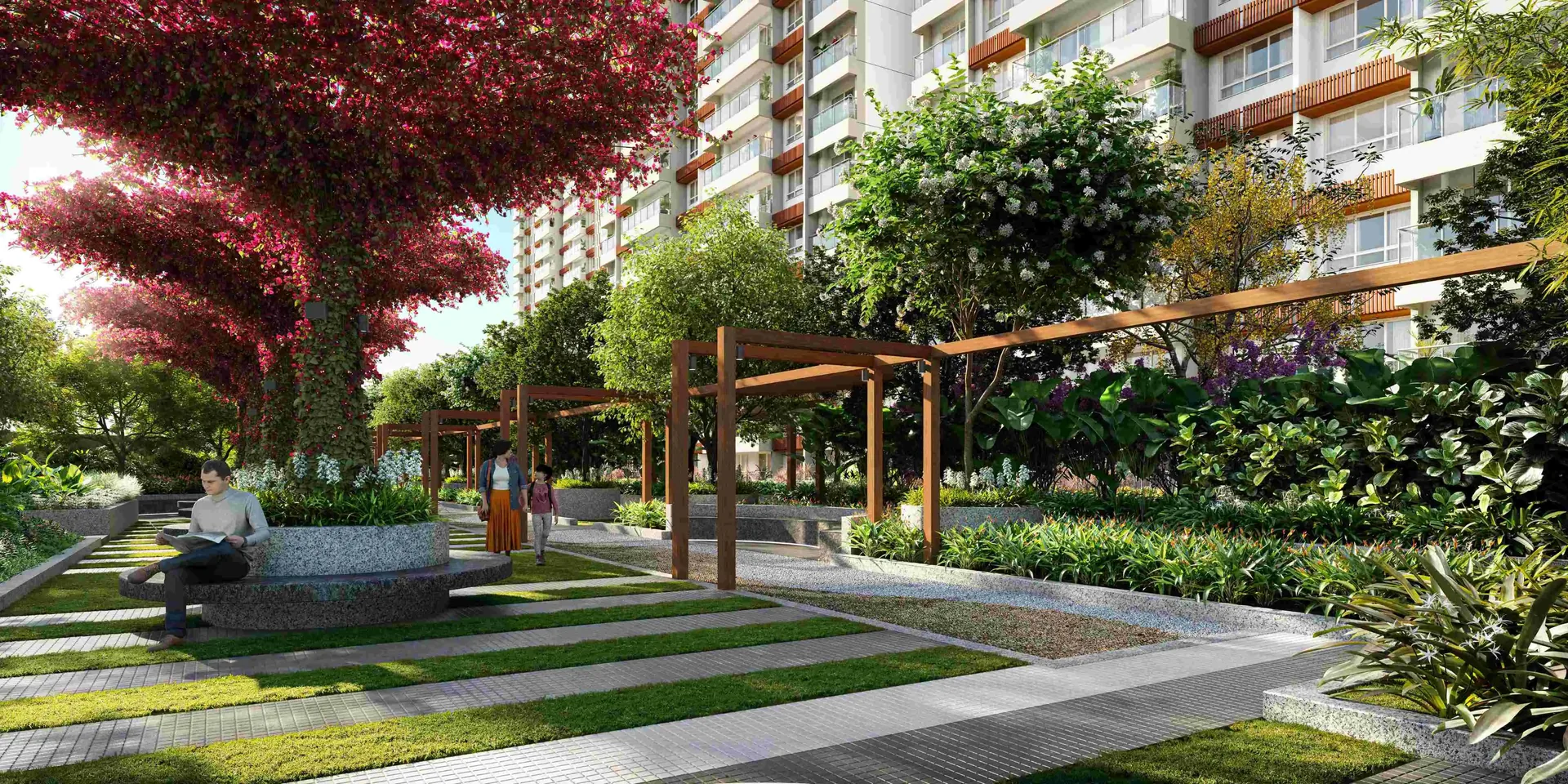 Mahindra Sadahalli landscaped garden pergola walkway (representative)