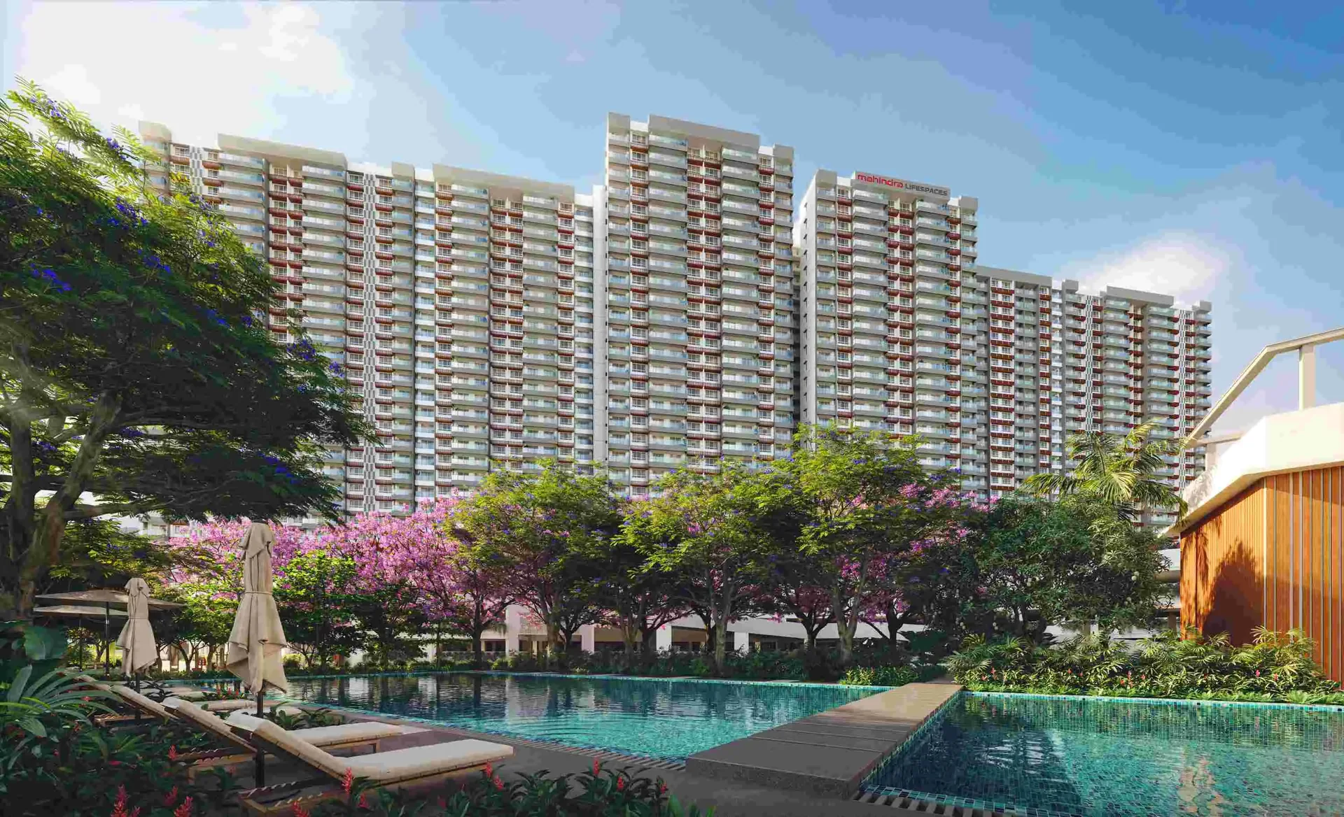 Mahindra Lifespaces Sadahalli — representative tower elevation with poolside view (indicative rendering from Mahindra Lifespaces portfolio)